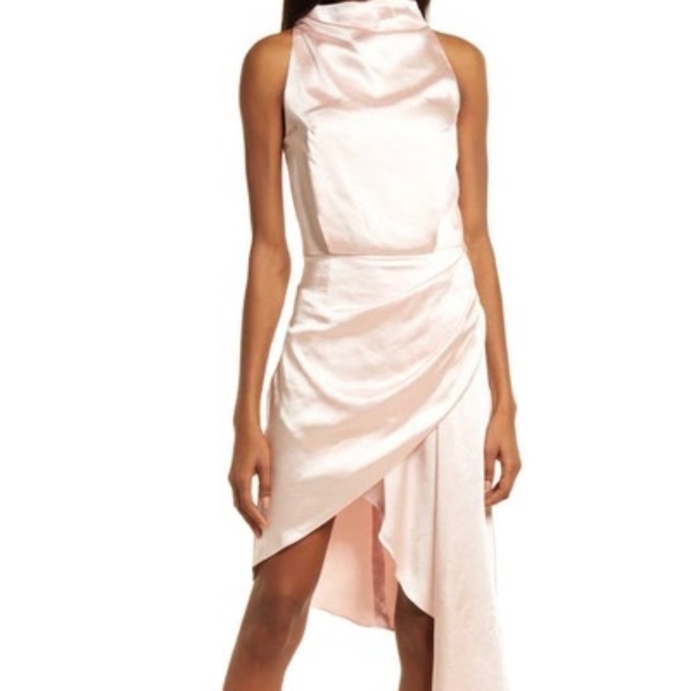 ALAIA ASYMMETRIC SATIN COCKTAIL DRESS IN BLUSH An asymmetric hemline, gathered w